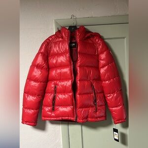 Guess Quilted Zip Up Puffer Jacket With Removable Hood Red